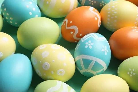 Many beautiful painted Easter eggs as background, closeup Stock Photos