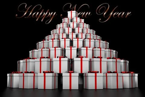 Many beautiful white gift boxes with red ribbons Stock Illustration