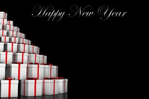 Many beautiful white gift boxes with red ribbons Stock Illustration