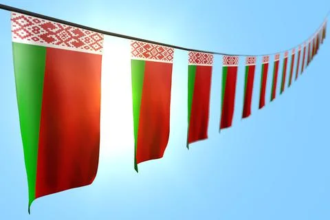 Many Belarus flags hanging diagonal on rope on sky with bokeh Stock Illustration