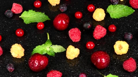 Many berries with water drops. Side view. Loop motion. Stock Footage 160287381