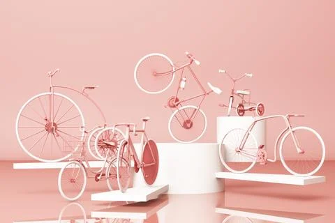 Many bicycle on platform with pink background. Retro bike. 3d rendering Stock Illustration