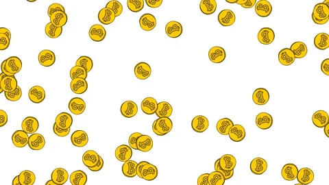 Many bitcoin coins falling down. Hand drawn coins of digital currency on whit Stock Footage 148463183
