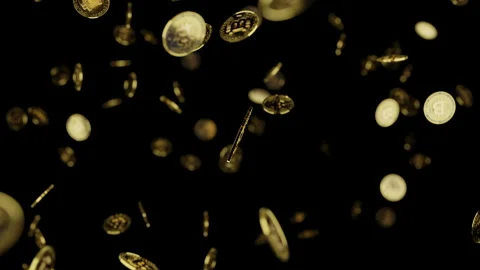 Many Bitcoins falling against a black background Stock Footage 253590476