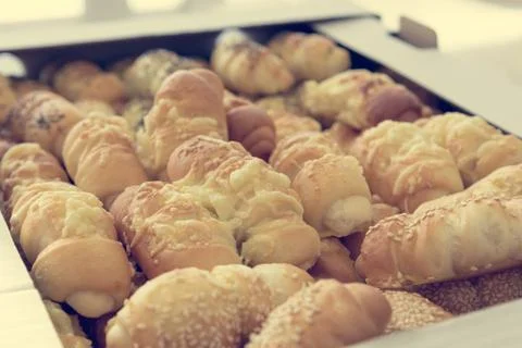 Many bite size croissants ready to be served. Stock Photos