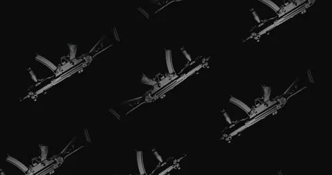 Many black and white AK47 rifles spinning against black background Stock Footage 255687370