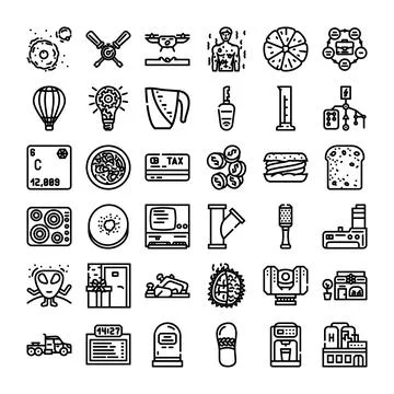 Many black and white line icons representing various objects Stock Illustration