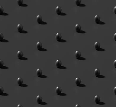 Many black chicken eggs with shadow on black isometric seamless background. Illustrazione stock