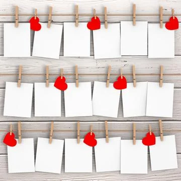 Many Blank Paper Frames with Paper Hearts Hanging on Rope with Clothespins... Illustrazione stock