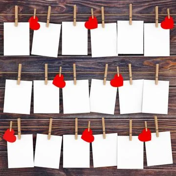Many Blank Paper Frames with Paper Hearts Hanging on Rope with Clothespins... Stock Illustration