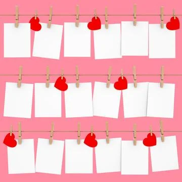 Many Blank Paper Frames with Paper Hearts Hanging on Rope with Clothespins... Illustrazione stock