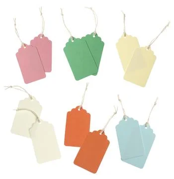 Many blank tags on white background, collage. Mockup for design Stock Photos
