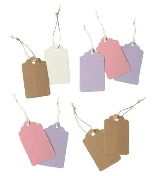 Many blank tags on white background, collage. Mockup for design Stock Photos