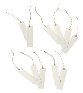 Many blank tags on white background, collage. Mockup for design Stock Photos