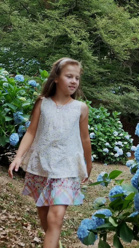 Many blooming hydrangea bushes grow in the park. The girl, the kid, happily runs Stock Footage 313864613