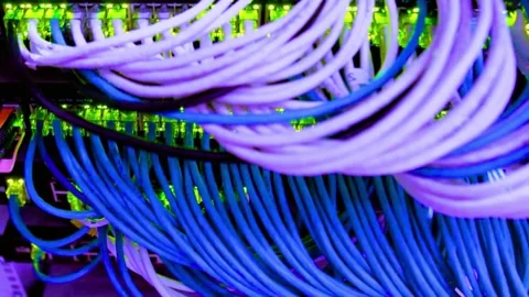 Many blue and white network cables plugged into a server rack Stock Footage 340355877
