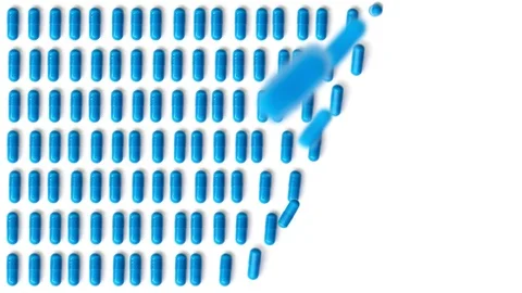 Many blue capsules falling down on a white surface in rows, filling the screen. Video stock 109171935