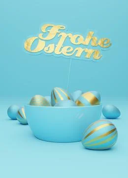 Many blue Easter eggs with golden sign and German words Happy Easter Stock Illustration