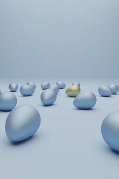 Many blue Easter eggs with golden egg on a blue background modern Easter Stock-Fotos