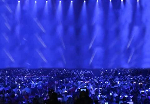 Many blue lights of performance stage at live concert Stock Photos