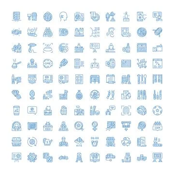 Many blue outlined icons representing business and technology concepts Stock Illustration