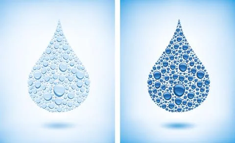 Many blue water drops creating big drop Stock Illustration