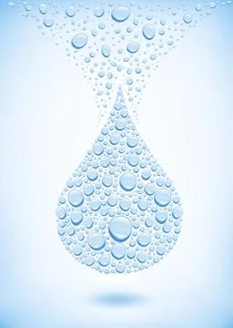 Many blue water drops creating big blue drop Stock Illustration