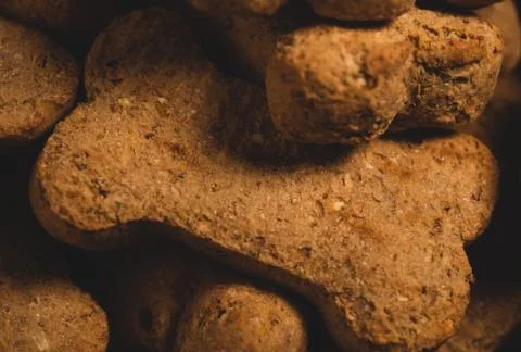 Many Bone shaped dog biscuit, macro close up, selective focus Stock Photos