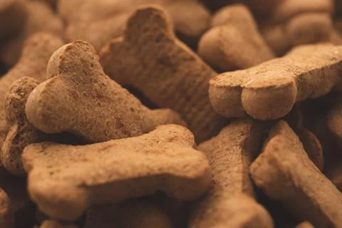 Many Bone shaped dog biscuit, macro close up, selective focus Stock Photos