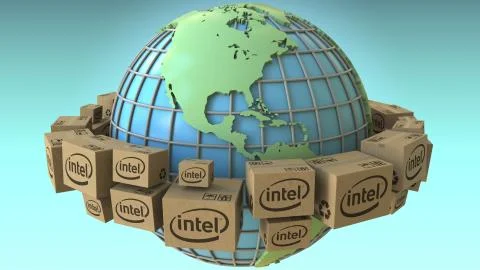 Many boxes with Intel logo around the world, America emphasized. Conceptual Stock Illustration