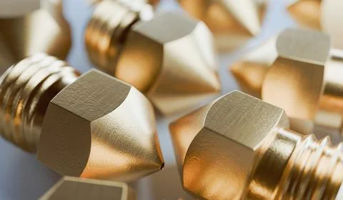 Many brass nozzles for 3D printer with different sizes. 3D rendered illustrat イラスト素材