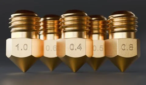 Many brass nozzles for 3D printer with different sizes. 3D rendered illustration イラスト素材