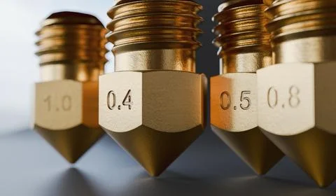 Many brass nozzles for 3D printer with different sizes. 3D rendered illustration イラスト素材