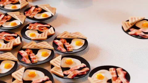 Many breakfast plates with eggs, bacon and toasts. Take away meal or buffet. Stock Footage 202277603