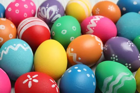 Many bright Easter eggs as background, closeup view Stock Photos