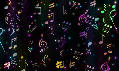Many bright music notes and other musical symbols on black background Stock Illustration