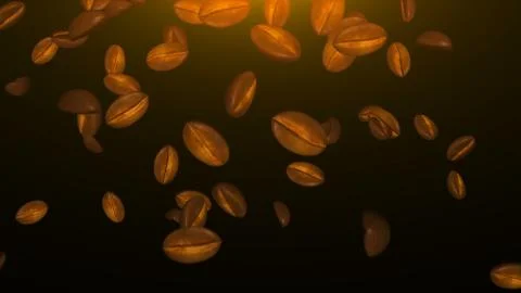 Many brown coffee beans in space, computer generated abstract background, 3D Stock Illustration