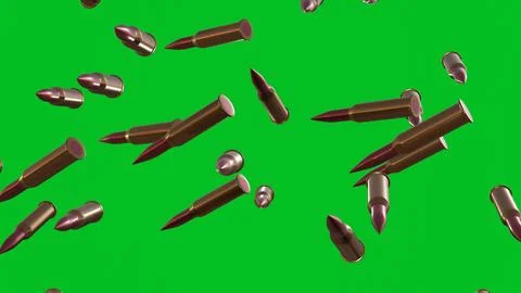 Many bullets on chromakey background. Green screen. 3D render. Illustrazione stock