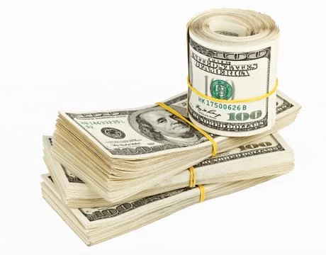 Many  bundle and roll of us 100 dollars bank notes 写真素材