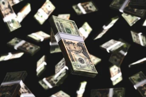 Many bundles of dollar bills falling on a black background. 3d render Stock Illustration