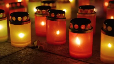 Many burning lanterns on memory, close up footage Stock Footage 120411784
