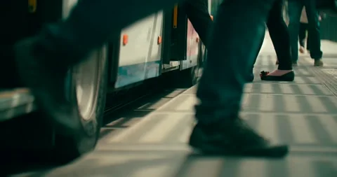 Many busy commuters legs perspective getting on and off bus transport slow 스톡 동영상 131671309