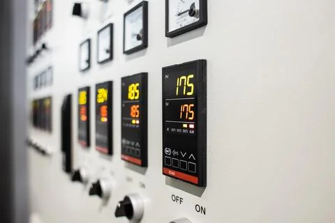 Many button of the machine in the factory Stock Photos