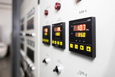 Many button of the machine in the factory Stock Photos