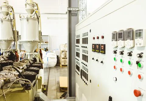 Many button of the machine in the factory Stock Photos