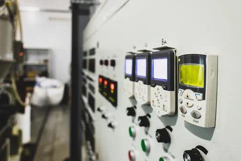 Many button of the machine in the factory Stock Photos
