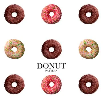 Many candy donuts top view isolated on white background. Flat lay in square p Foto stock