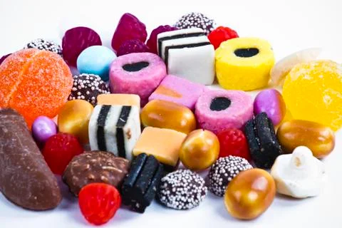 Many candy on white background.fruit snacks Foto stock