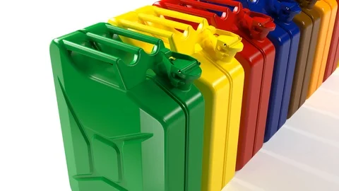 Many canisters with different types of fuel. Gasoline, diesel, oil. 27 Video stock 105212534