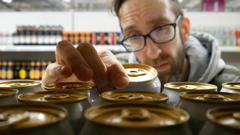 Many cans of beer on a store shelf and a man reading the product description Stock Photos